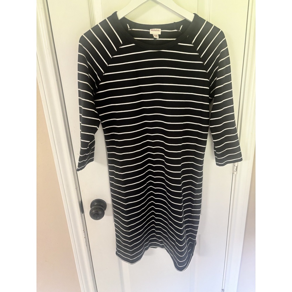 Merona Striped T Shirt Dress M Black White Knit Casual 3/4 Raglan Sleeve Target